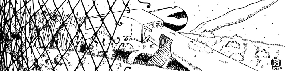 Desenho mensal, abril de 2026. (Desenho de um martelo gigante numa paisagem.)