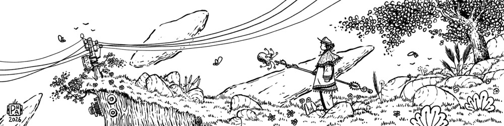Desenho mensal, maio de 2026. (Desenho de uma paisagem, com uma pessoa a segurar no bastão.)