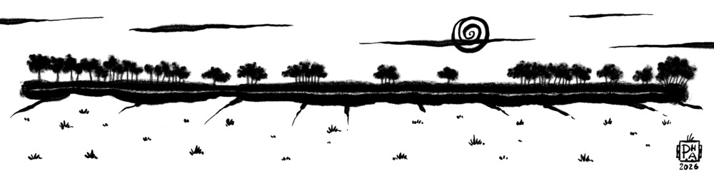 Desenho mensal, junho de 2026. (Desenho de uma paisagem.)