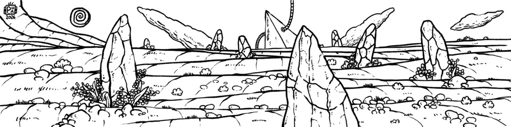 Desenho mensal, julho de 2026. (Desenho de uma paisagem desértica, com rochas esculpidas.)