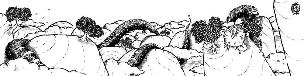 Desenho mensal, agosto de 2026. (Desenho de uma paisagem rochas montanhosas, com nuvens e uma serpente enorme a descansar sobre as rochas.)