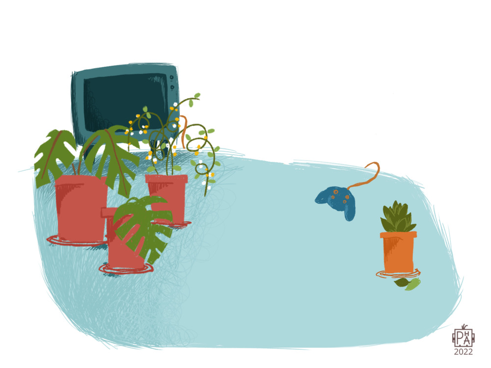 Pintura de um quarto, com flores em vaso, uma televisão e um comando de jogos.