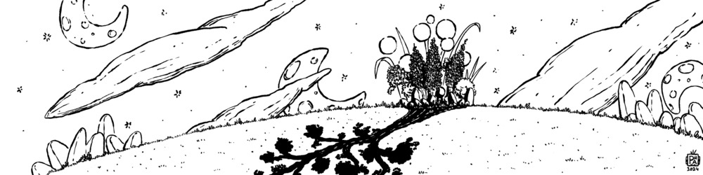 Ilustração mensal de abril de 2024. (Ilustração de uma paisagem à noite, com várias luas, sombras, uma floresta e sua sombra transformadada numa árvore.)