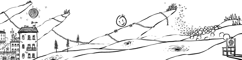 Desenho mensal — novembro de 2025 (Desenho de uma paisagem de uma cidade nas nuvens, onde uma criança brinca.)